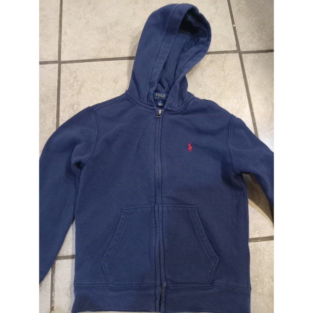 Polo Ralph Lauren Boys Navy Blue Full Zip Hoodie Fleece Sweatshirt Size 7 Pony